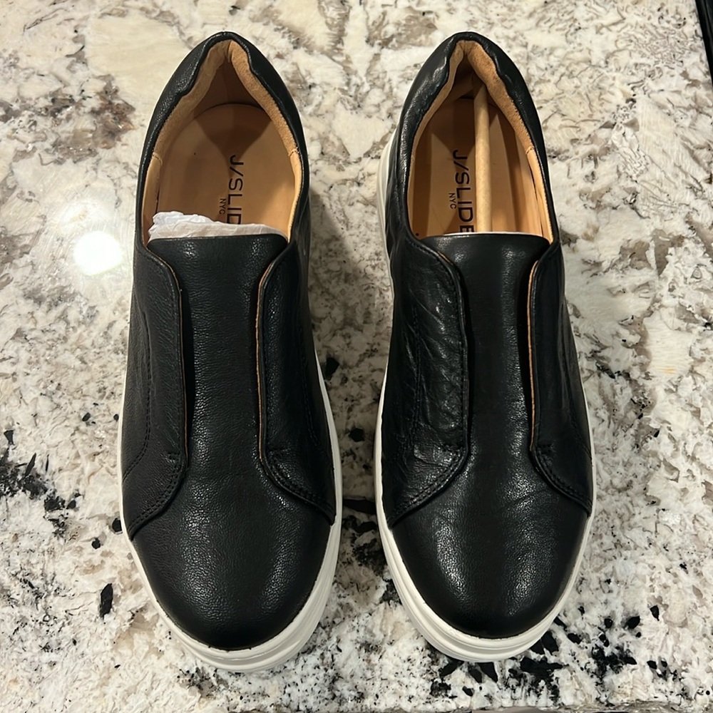 Brand New J/Slides NYC Black Leather Platform Sneaker. Women’s Size 7
